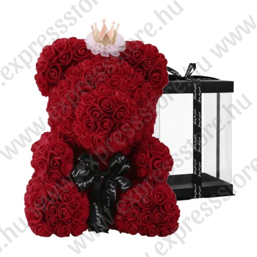 Rózsa maci 40cm - Koronával - Ajándék díszdobozban - Bordó